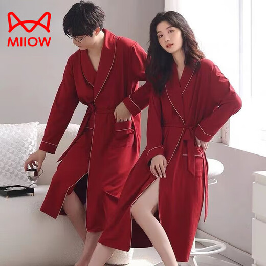 猫人（MiiOW）情侣睡袍春秋款结婚新娘浴袍晨袍男女新婚喜庆大红色中长款家居服 GHJ16822 男款L