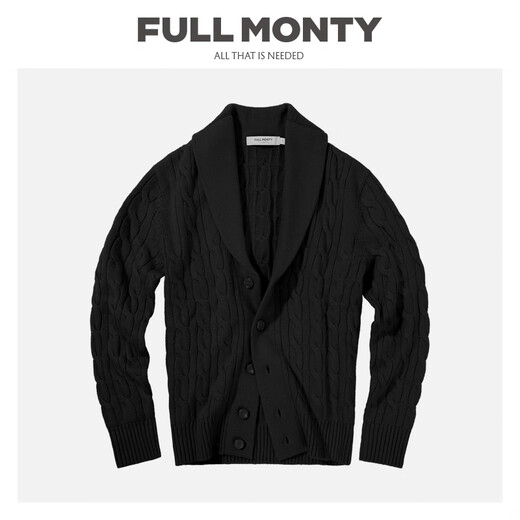 FULL MONTY青果领秋冬季羊毛针织开衫v领长袖毛衣男士新复古回潮外套 黑色8740 L
