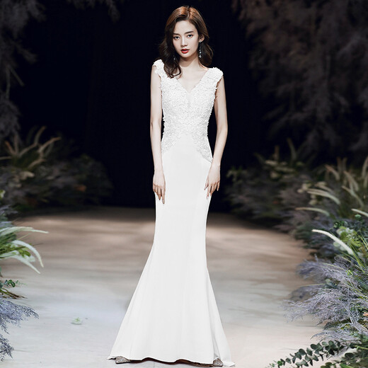 
Cool Huke evening dress for women 2022 new high-end temperament slimming 2022 summer banquet aura queen temperament sexy fish tail apricot color fish tail long M