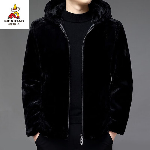 Scarecrow (MEXICAN) 2024 autumn and winter full mink Haining imitation fur coat men's short warm hooded plus velvet thickened men's mink coat black hooded gold mink velvet 6XL195-215Jin Jin is equal to 0.5 kg