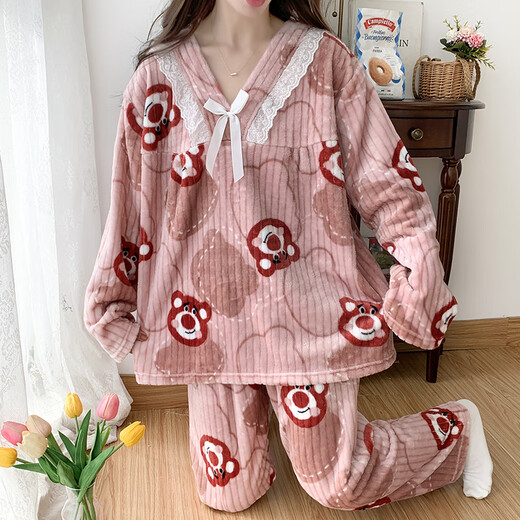 喻玖胖mm睡衣女秋冬季珊瑚绒套装加厚大码加肥200斤法兰绒甜美家居服 Y6627#兰兔 M码(80-100斤)