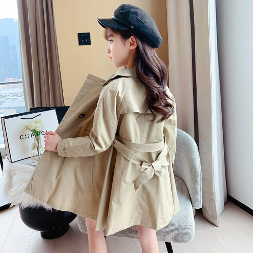 Xiong Diming Girls' Windbreaker Jacket Autumn Double-breasted Windbreaker Children's Jacket Medium-Length Girls Tops Khaki 120