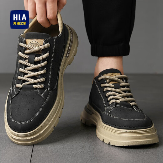 Hailan Home (HLA) Herrenschuhe Sommer 2025 Neue Freizeitschuhe Retro atmungsaktive Arbeitsschuhe erhöht Anti-Rutsch-Martin-Schuhe der Herren-Schwarzpuppe atmungsaktiv 42