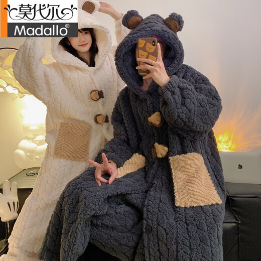 莫代尔情侣睡衣女秋冬季加厚加绒珊瑚绒2024新款男士睡袍小熊家居服套装 ZS#9909男(睡袍+睡裤) L 170