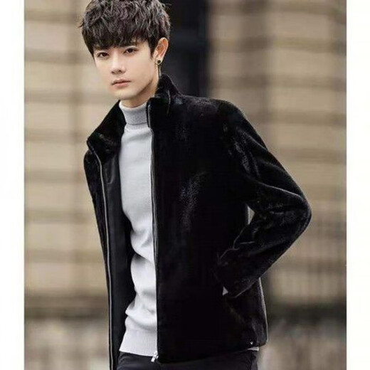 Manxinan new mink coat men's imitation mink hair Haining winter leather coat mink fur short hooded coat black lapel plus cotton 5XL recommended 180 to 200Jin Jin equals 0.5 kg