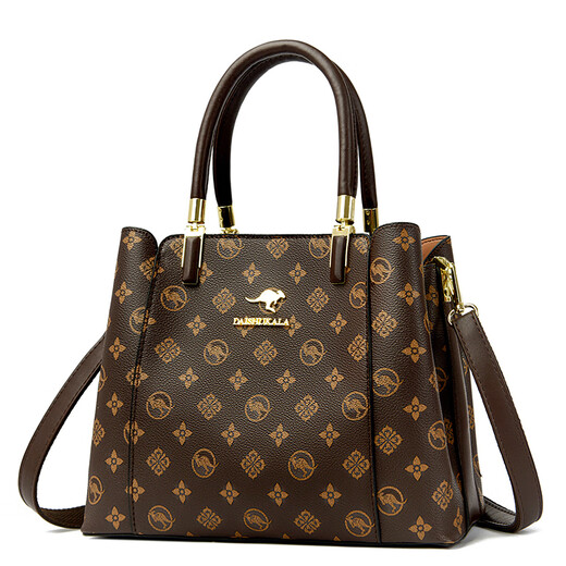 Kangaroo Kara brand genuine leather women's bag 2025 new style stylish middle-aged handbag for wife, fashionable and versatile crossbody bag, brown (gift box + hand bag + card holder)