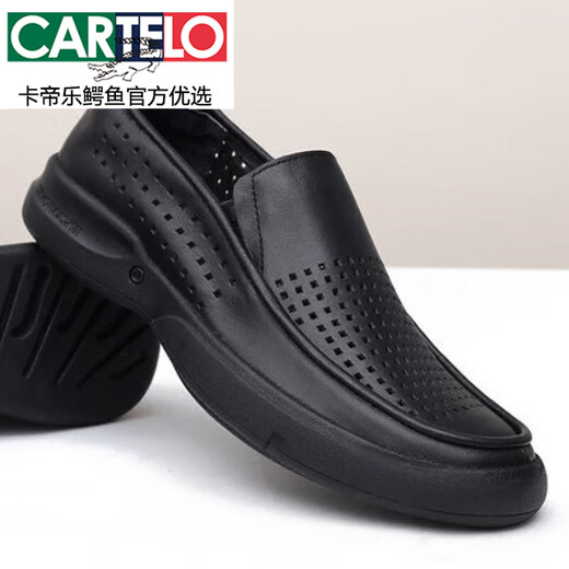 Cartelo Light Luxury Herrenschuhe Sommer Punch Sandalen echte Ledergeschäft lässig Low Heel Cowhide Atmungsfreie schwarze Höhle Black Hollow 3891-1 40