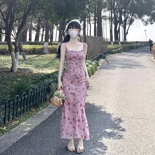 GARNUO French temperament floral suspender dress for women in summer 2025 new waist-hugging seaside vacation small long skirt pink M[101-115Jin[Jin equals 0.5 kg]]