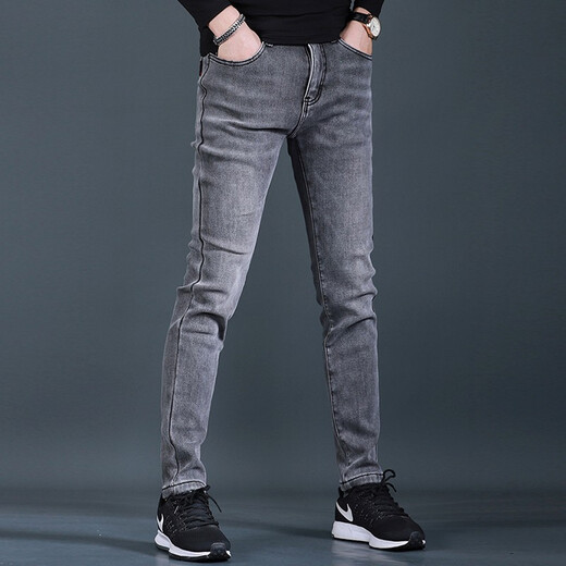 
Fan Litai black jeans men's slim feet pants autumn and winter plus velvet thickened Korean style trendy and casual jeans long trousers QQ 1048 black regular 30
