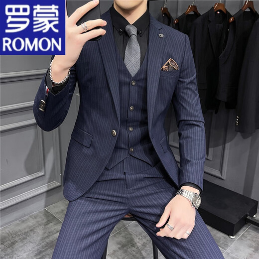 罗蒙（ROMON）抗皱免烫西服男士套装韩版修身英伦新郎结婚礼服商务正装休闲西服 a深灰色纹理9905【西服+西裤+马 M