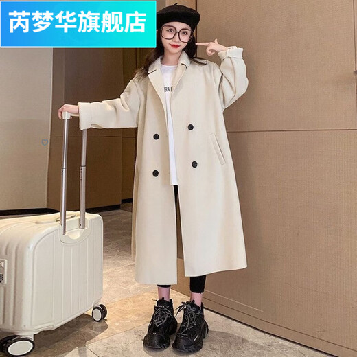 Rui Menghua Autumn and Winter 2025 Girls' New Woolen Coat Girls' Korean Style Large Children's Over-the-Knee Long Woolen Fashionable Jacket Black 150 Recommended height to be within 152cm
