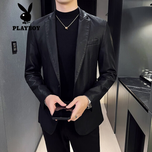 Playboy (PLAYBOY) suit men's genuine leather jacket Haining Spring and Autumn 2025 new jacket casual cowhide suit men's top black M suggests 100-120

