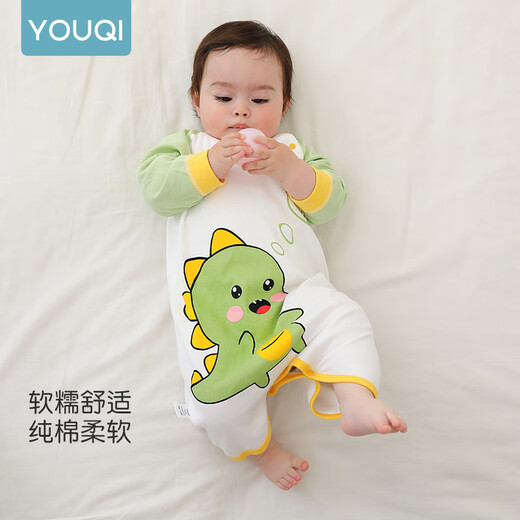 Youqi children's nightgown anti-kick quilt all-season cotton baby pajamas autumn and winter close-fitting baby home jumpsuit spring and autumn small dinosaur green 73 cm