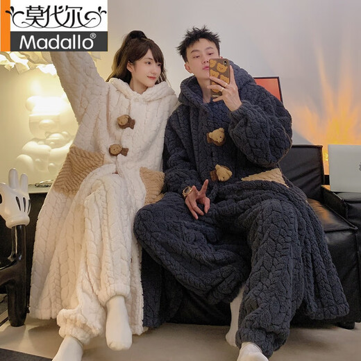 莫代尔情侣睡衣女秋冬季加厚加绒珊瑚绒2024新款男士睡袍小熊家居服套装 ZS#9909男(睡袍+睡裤) L 170