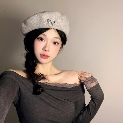 Yi Jian beret with bow for women, versatile temperament, retro fashion painter hat, autumn and winter hat with wool beret, exquisite bow beret, gray, one size fits all (recommended 55-57cm)