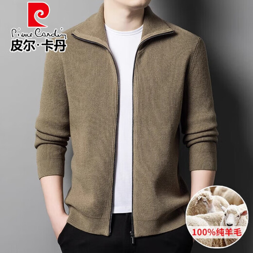 Pierre Cardin wool knitted cardigan for men 100% pure wool 2025 autumn and winter thickened casual lapel zipper sweater jacket for men tea green XL size 175