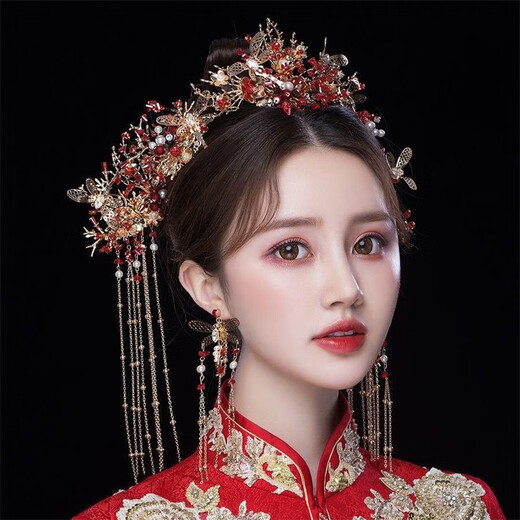 Haiyi Duo wedding dress headdress bridal hair accessories set headband Korean fairy forest style toast clothing hair accessories Chinese dress accessories bridal fringe step headdress plus ear clip style