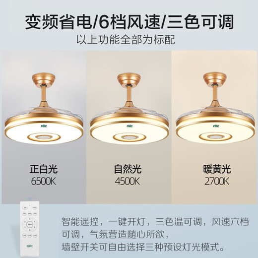 NVC Lighting Super Bright Frequency Converter LED All Copper Large Motor Fan Restaurant Invisible Ceiling Fan Lamp Living Room Bedroom Home Star Fox White 48 Inch 96W Dimming