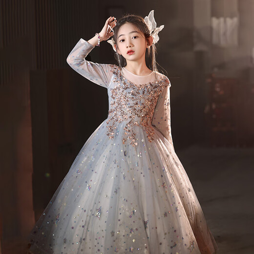Little Kayi thick children's dress princess skirt host high-end girls piano performance clothes long sleeve flower children wedding little girl autumn 1591 gray and blue long sleeves 130