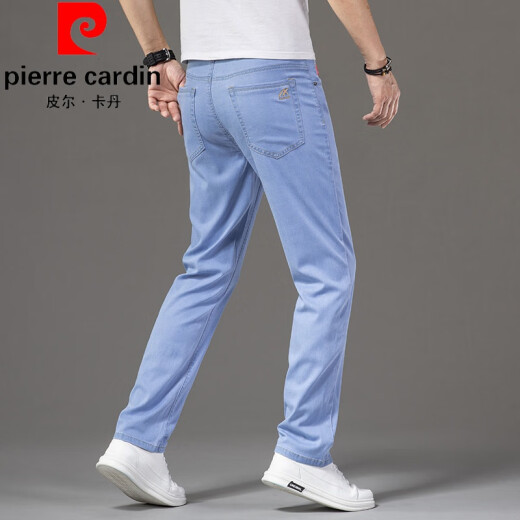 皮尔卡丹（pierre cardin）2024新款高级莱赛尔男士牛仔裤秋季薄款直筒宽松长裤弹力休闲针织 FXX 9767浅蓝色 31