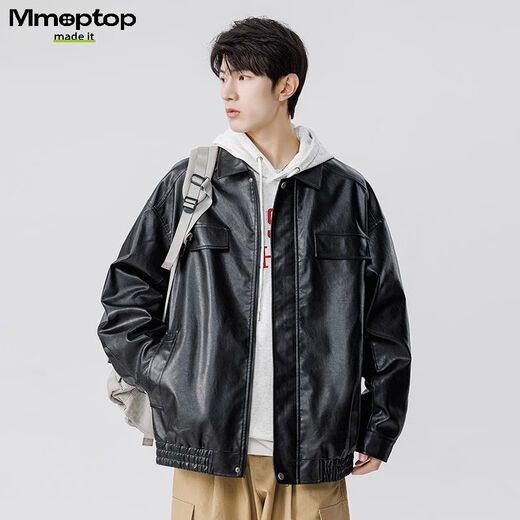 MMOPTOP American Lapel PU Leather Jacket Men's Spring and Autumn Flying Staff Jacket 6073 Agate Black 3XL