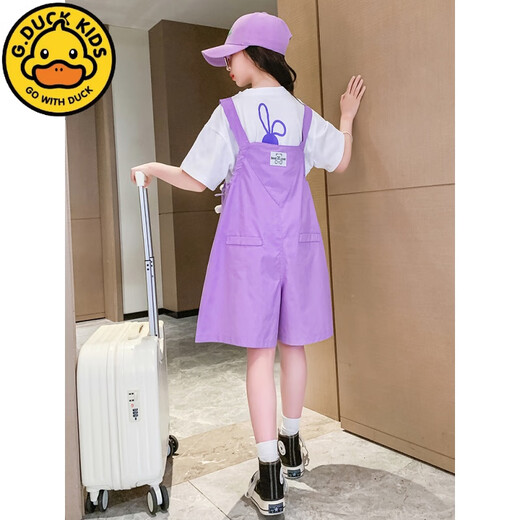 
G.DUCKKIDS little yellow duck girls summer overalls suit 2024 new style medium and large children fashionable children summer thin style short khaki rabbit strap suit 140 cm recommended height about 1 meter 3-1 meter 35