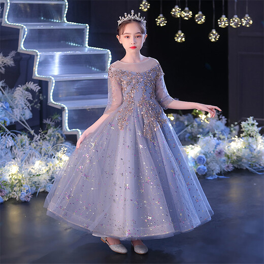 Little Kayi thick children's dress princess skirt host high-end girls piano performance clothes long sleeve flower children wedding little girl autumn 1591 gray and blue long sleeves 130