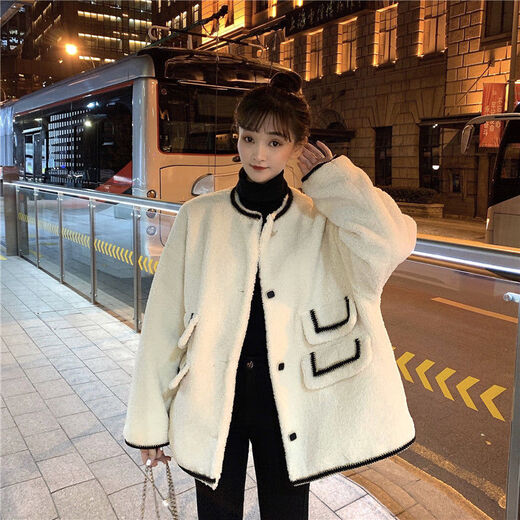 Yuanle Shen Herbst und Winter Neues kleines Duftstil-Design Nachahmungslamm Lammfell lose mittelgroße Internet-Promi-Langarmjacke für Frauen modisch 695# Taschenlammfell weiß hochwertiger Version L 106-120jin [Jin gleich 0,5 kg] [authentische Qualität]