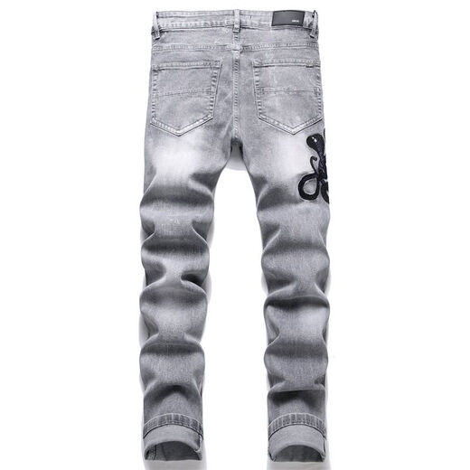 Moring Bull New High Street AM Trendy Jeans Herren zerrissener Cobra Sticker Leder Patch Elastizität Slim Black Black 3523 29