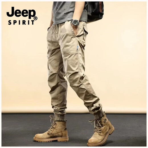 Jeep Spirit Casual Work Hosen für Männer Frühling und Herbst Neue losen Kleidung-resistente Hosen für Männer Mehrfachpocket-Trend mittleren Alters und junge Menschen, die Füße Hose 679 Khaki 28 Binden