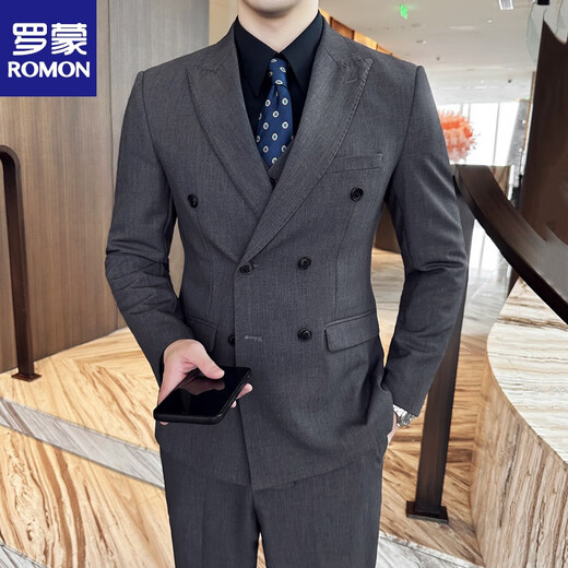 Romon haut de gamme Authentique Authentic Men's Dark Green Suit Suit Groom Double-Basted Suit Casual Slim Meeting Robe Abricot Couleur (costume + pantalon + VIET + chemise) Cravate M