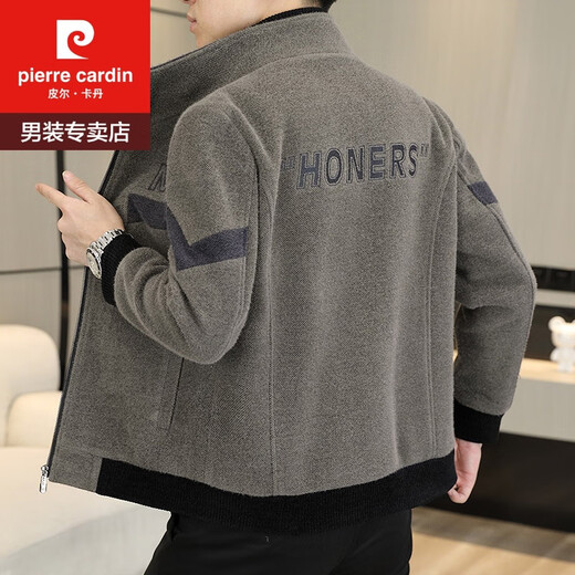 Pierre Cardin Spring and Autumn Woolen Jacket Men's Gold Mink Velvet Stand Collar Jacket Winter New Thick Casual Short Woolen Coat Men's Khaki High Quality XL 130-150
