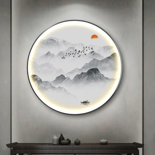 赞璐桐（ZANLUTONG）新中式圆形装饰画客厅玄关灯画山水画茶室禅意挂画水墨画风景壁画 724 直径50cm金色遥控+手动开关