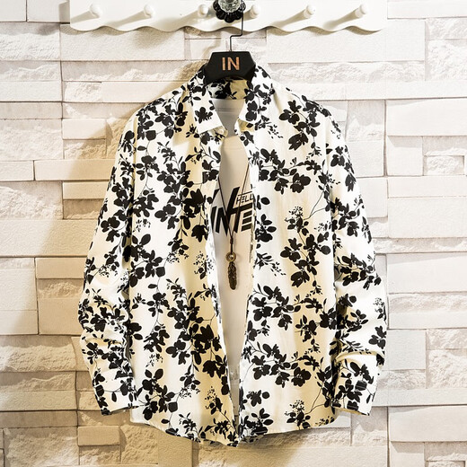 Nyckjk Frühling kleines Blumendruck-Shirt Herren Langhülle Casual Trendy Marke reines Baumwollmuster Shirt Stylish Schwarz-Weiß-Jacke Top 1049 Nr. 1049 Nr. 1 M Lose Version 105-120jin [Jin gleich 0,5 kg] tragen