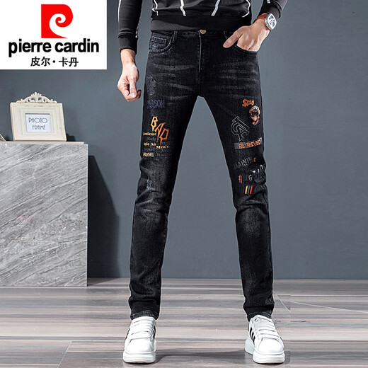 皮尔卡丹（pierre cardin）印花百搭绣花牛仔裤男花纹图案个性烫钻潮流刺绣潮牌韩版修身裤子 A689黑色 36