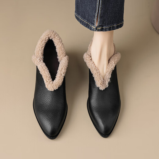 Asamachi winter 4.5cm top layer sheepskin fur boots warm lambswool pointed toe thick heel short boots women's fashion ankle boots black 35