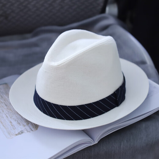 枥野日系绅士白色草帽男夏季休闲爵士帽防晒遮阳帽巴拿马小礼帽西装潮 苎麻白色（条纹带） 常规M（55-57cm）另配防风绳
