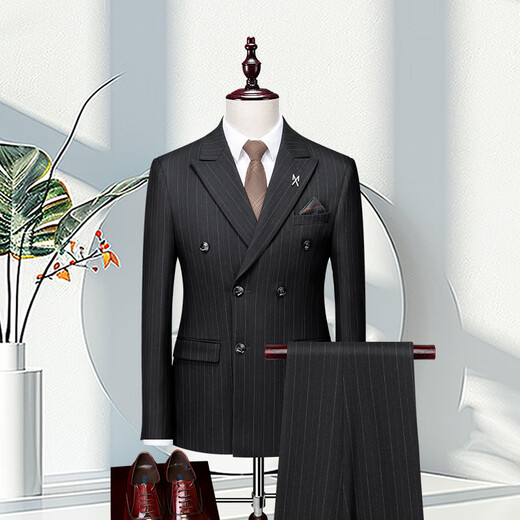 DVHNMK luxury brand men's suit suit men's formal business casual wedding dress double-breasted striped suit dark gray (suit + trousers) ready for delivery M (recommended 95-110 Jin Jin equals 0.5 kg) ready for delivery