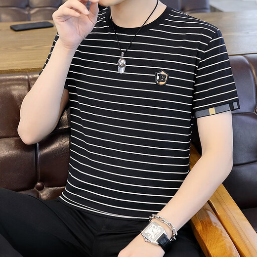 Juecho Pure Cotton New Striped Short Sleeve T-Shirt Herren Sommer Trendy Slim Sweatshirt Korean Round Neck T-Shirt Top Black XL (125jin [Jin entspricht 0,5 kg] -140jin [Jin gleich 0,5 kg]))