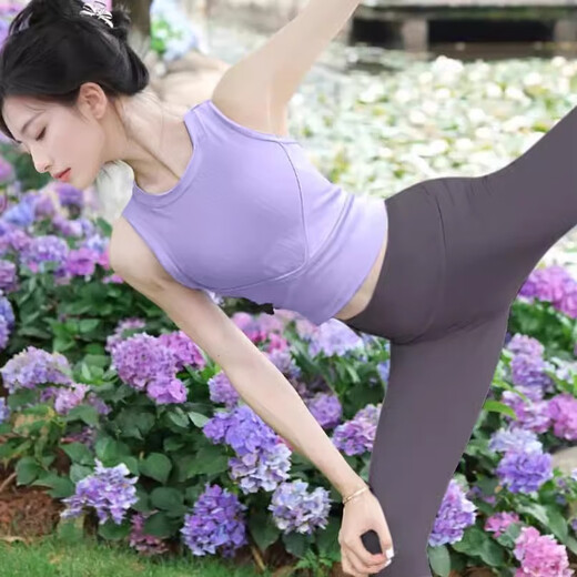 Shuangxiu Beautiful Yoga Wear Women's Top Purple Dopamine High-Level Feeling Pilates Training Wear Vest Set with Chest Pad Black Top XL 120-135