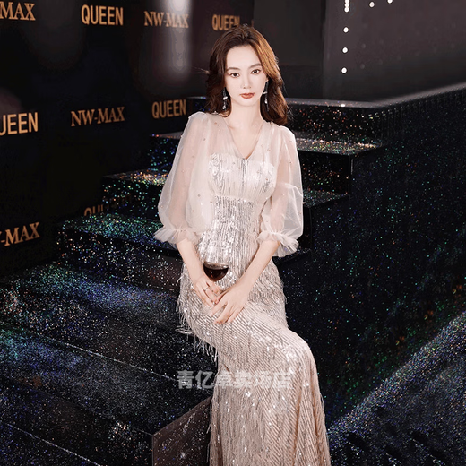 韦戒晚礼服女2024新款高端气质亮片裙级感轻奢鱼尾连衣裙优雅主持人 图片色 M