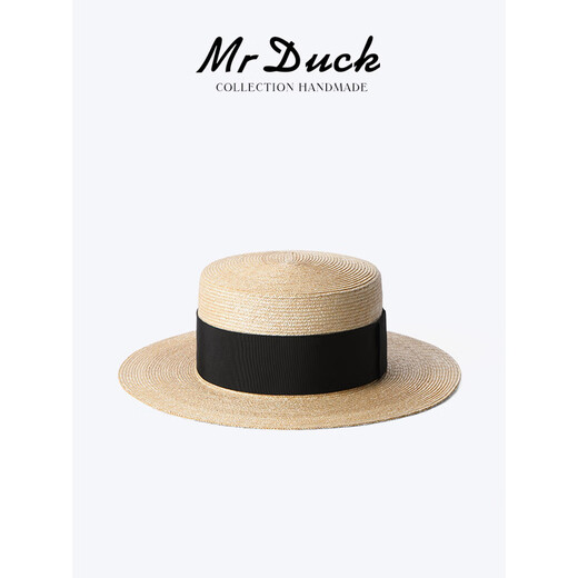 Mr DUCK收藏级别 轻奢特细手工TIAN然麦秆草帽 法式平顶帽大小头围礼帽子 MW36397原草色-大边7cm  章子怡款 M(适合55-57cm头围)