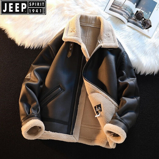 JEEP SPIRIT fur all-in-one jacket men's winter plus velvet thickened suede leather jacket lamb fur coat lamb wool cotton jacket brown XL