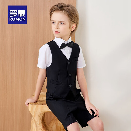 罗蒙儿童西装套装演出服花童礼服中大童钢琴英伦 黑色套装 130
