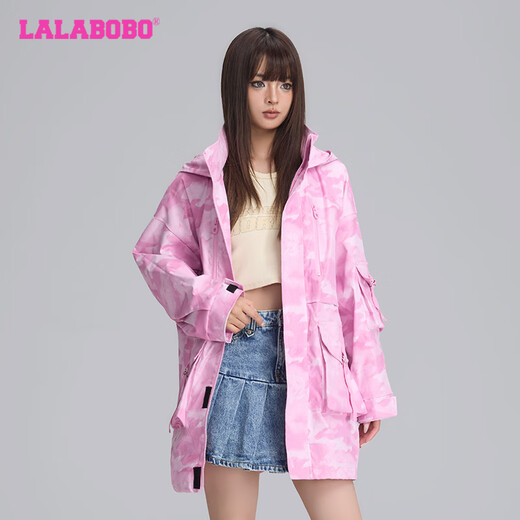 LALABOBO多巴胺迷彩中长风衣女秋季新款宽松轻户外工装外套LBDC-WSDW13 粉色 常规 S