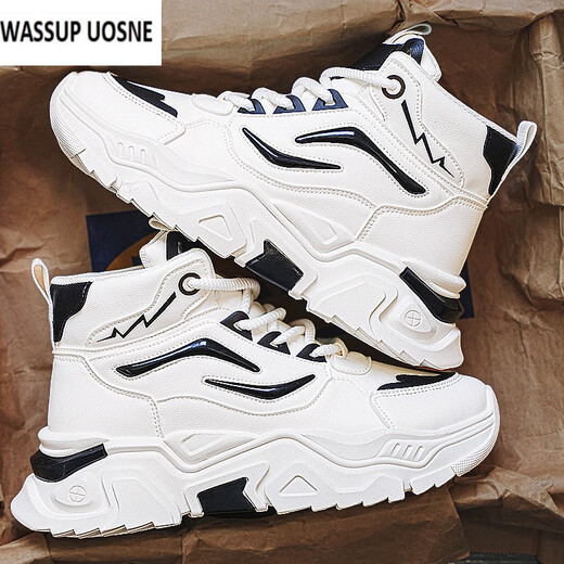 Wassup Uosne High-Top-Herrenschuhe für Herbst- und Winter-Teenager-Basketball-Basketball-Sport großer weißer weißer Brettschuhe, die lässige Papa Martin Stiefel weiß und schwarz 45 Standard Sportcode erhöhen