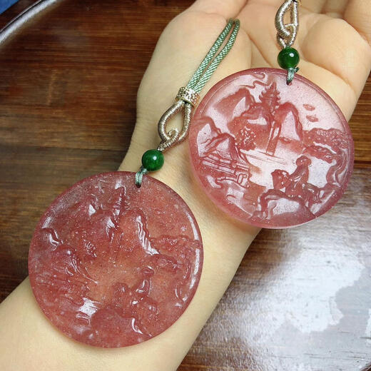 Lianju Natural Strawberry Wafer Brand Pendant Carved Peony Flower Pendant Pink Crystal Fairy Pendant 5cm A40 Nine-tailed Fox + 6mm Ball Bead Sweater Chain