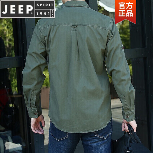JEEP SPIRIT长袖衬衫男士春秋休闲纯棉大码宽松衬衣青年上衣薄款外套男 加绒军绿色 1389 XL