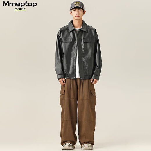 MMOPTOP潮牌美式鳄鱼纹PU皮衣外套男士春秋季翻领机车夹克YH26 黑色 XL