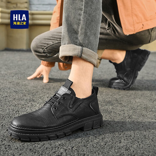 海澜之家（HLA）皮鞋男春夏新款复古厚底工装鞋中帮小马丁鞋靴子冲孔商务休闲鞋男 HAAGZM2ACa0084-黑色 40